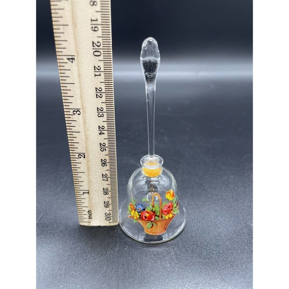 Vintage Clear Blown Glass Bell with Flowers Hand Painted Flowers In Basket - Picture 2 of 7